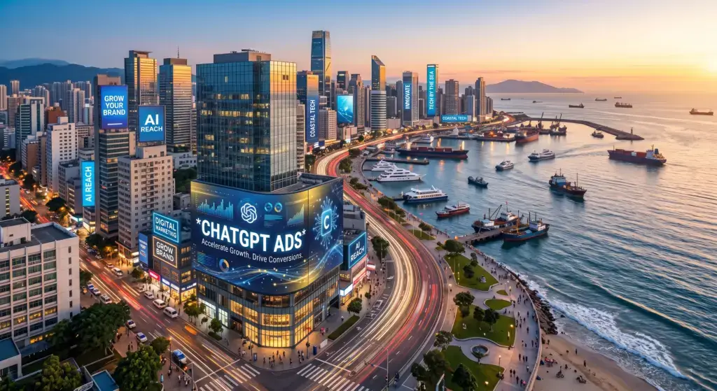 ChatGPT Ads 2026: digitale Werbetafeln in einer Großstadt am Meer bei Sonnenuntergang