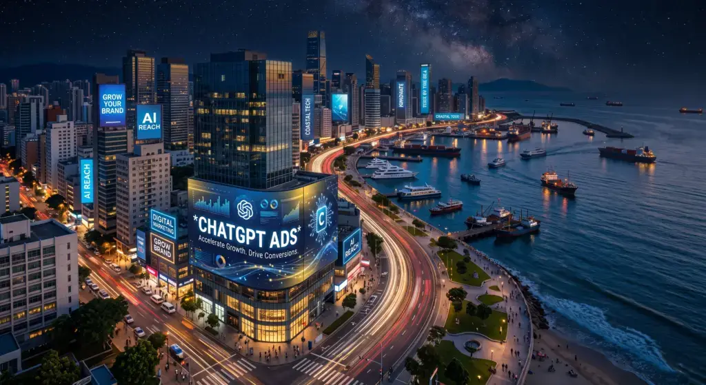 ChatGPT Ads für Unternehmen: digitale Werbeflächen in einer Küstenstadt bei Nacht